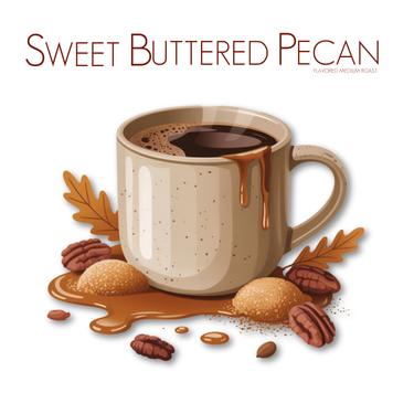 A mug of coffee with drips on the rim sits among pecans, brown sugar, and oak leaves. Above, text reads: Sweet Buttered Pecan 🥧 – Buttery, Nutty, & Fall-Luxurious. Clean and inviting—perfect for butter pecan coffee lovers.